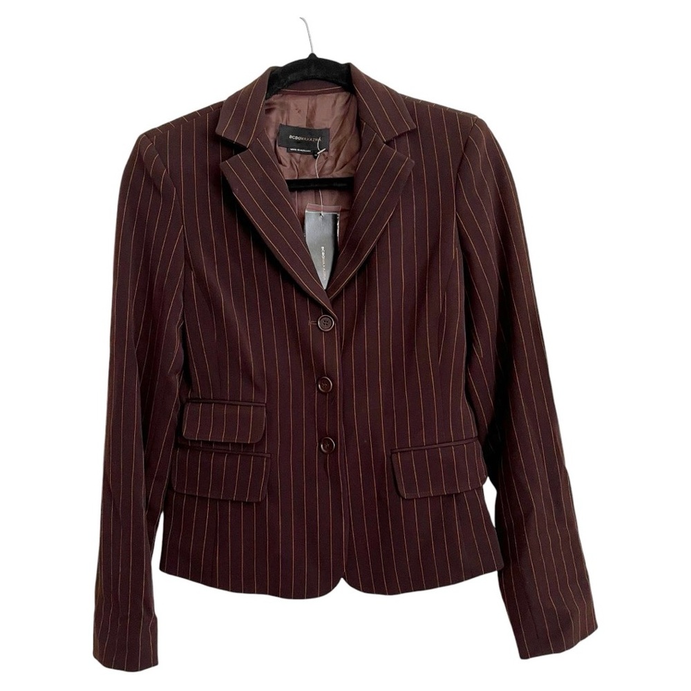 NWT BCBGMaxAzria Chocolate Brown Pinstripe Single Breasted Blazer Size XS
